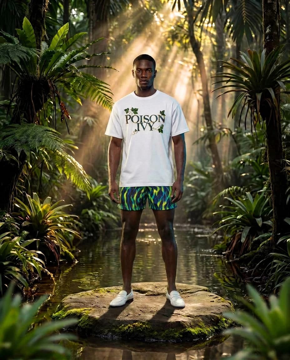 White Poison Ivy tee with Poison Ivy print shorts, worn on a rock in a rainforest stream